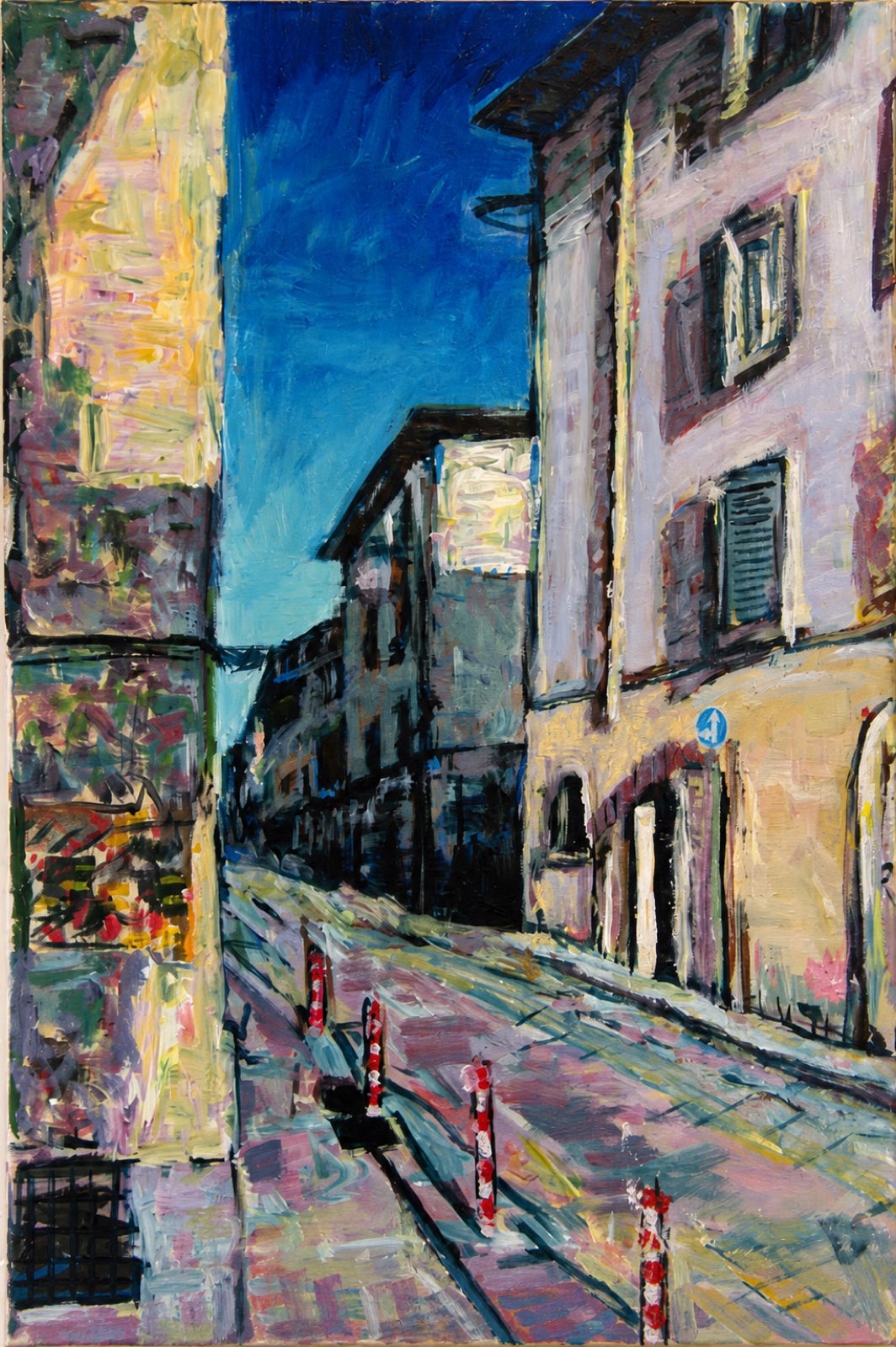 Side Street — narrow Italian street under a deep blue sky, acrylic