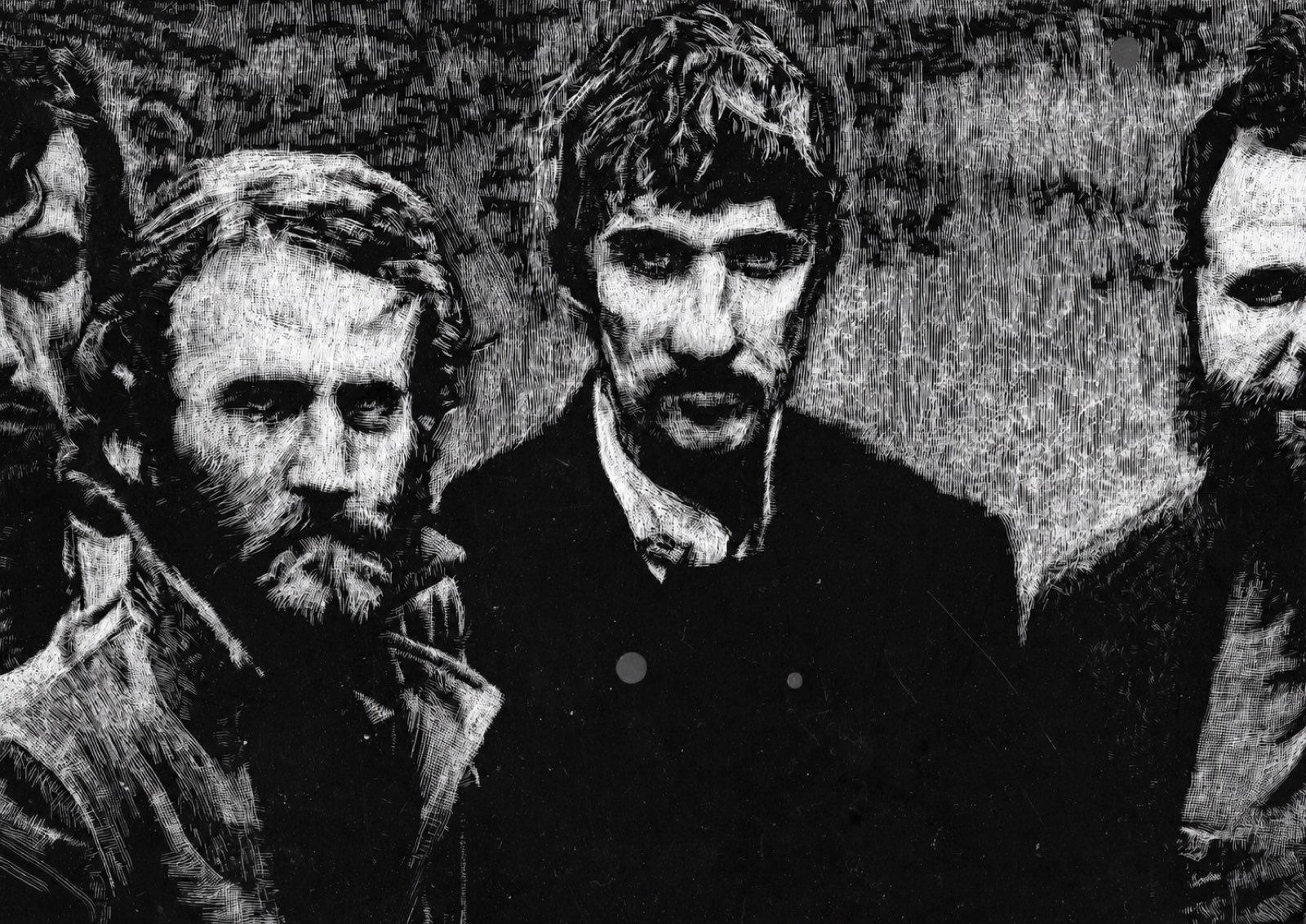 The Band — scratchboard study after the 1969 album cover, white line on black