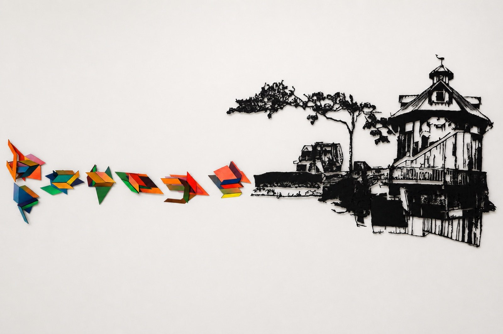 House, Dissolving — cut silhouette of a house shedding colored geometric fragments