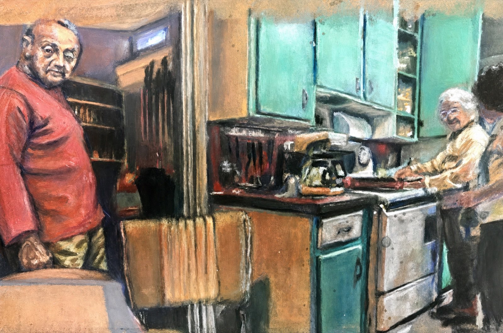 Grandmother's Kitchen — grandfather in the doorway, grandmother at the stove