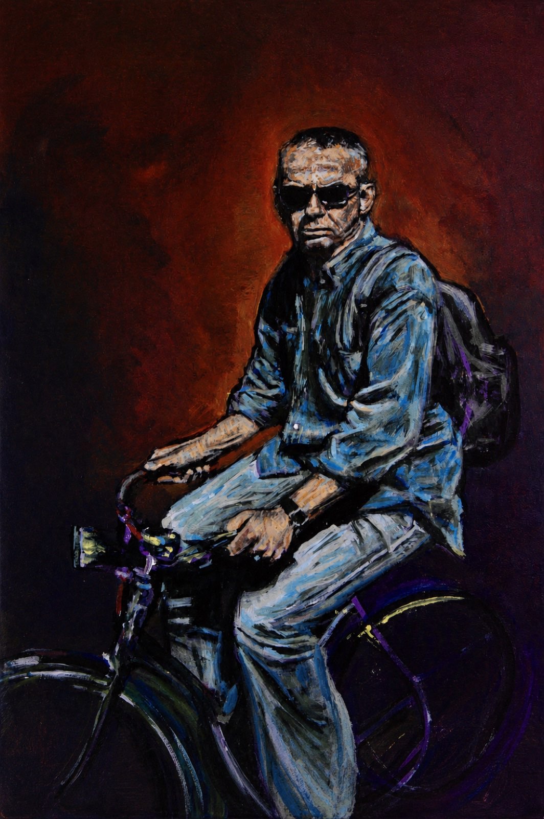 Rider — man in sunglasses on a bicycle against a deep red ground, acrylic