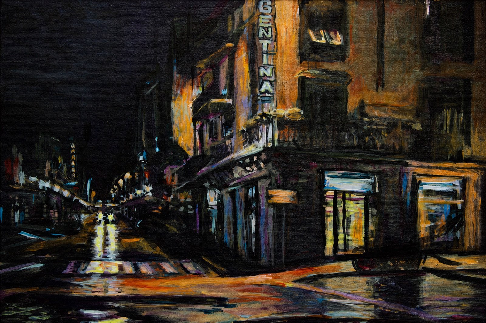 Argentina, Corner at Night — rain-lit street corner under lit windows, acrylic