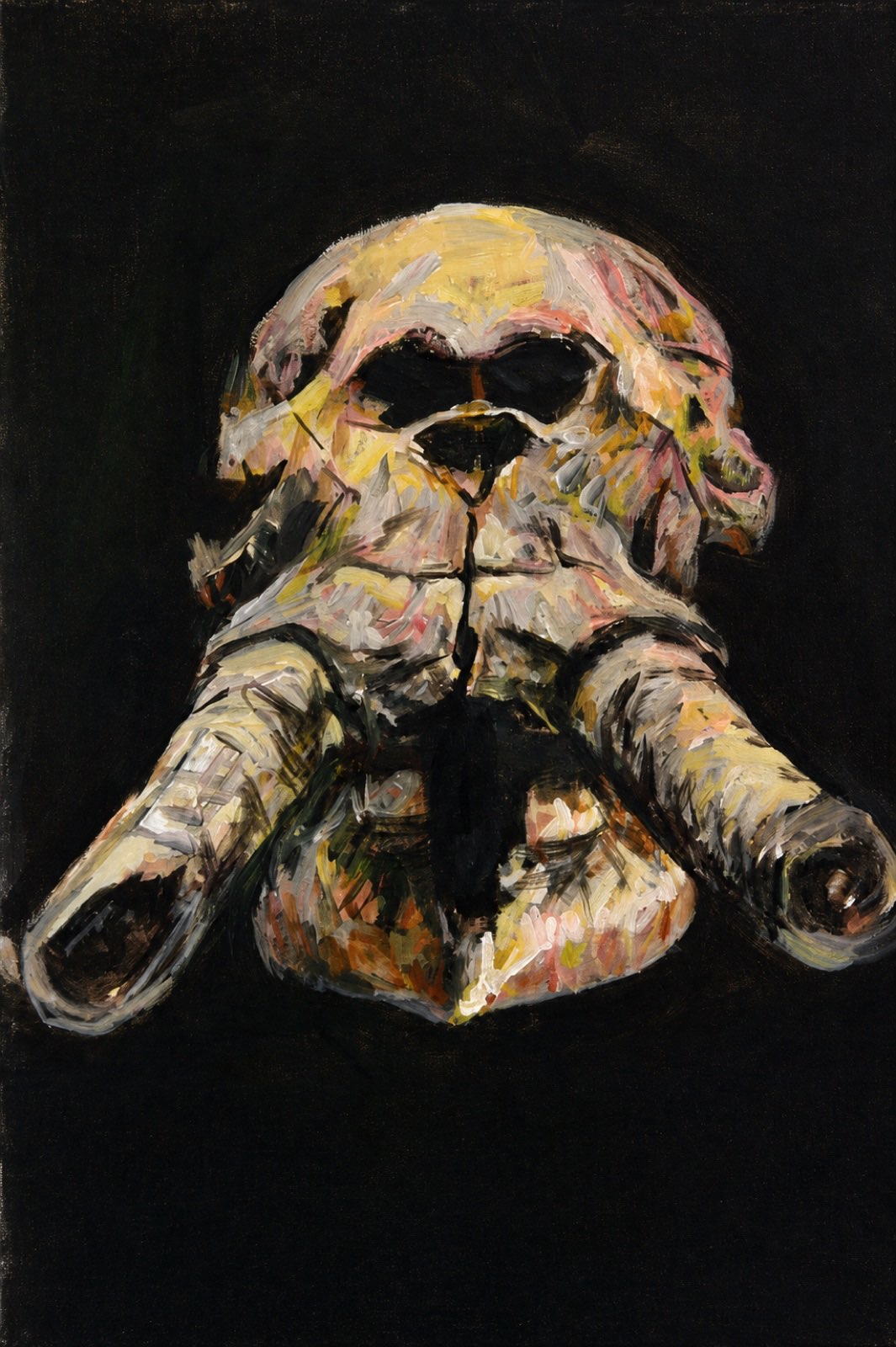 Skull — pale bone form emerging from a near-black ground, acrylic