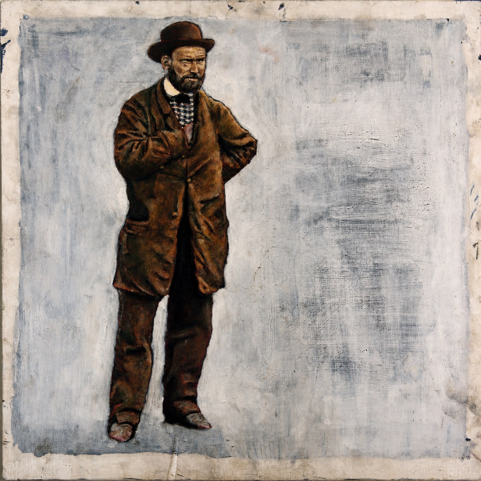 Pinkerton — Allan Pinkerton in a bowler hat against a scumbled gray field, after the 1862 Antietam photograph with Lincoln