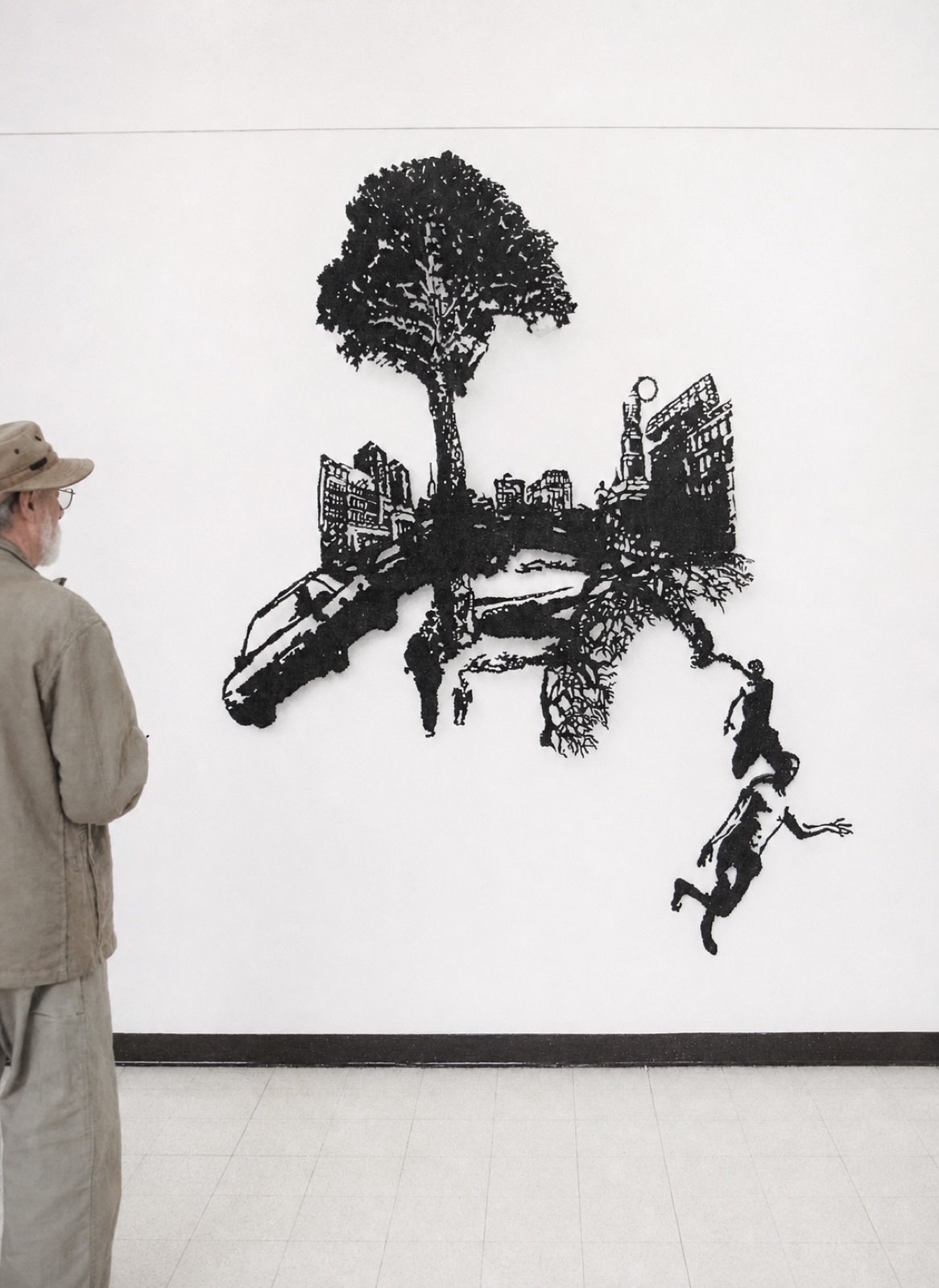Untitled steel installation, installed — plasma-cut tree, city skyline and falling figures, viewer at left