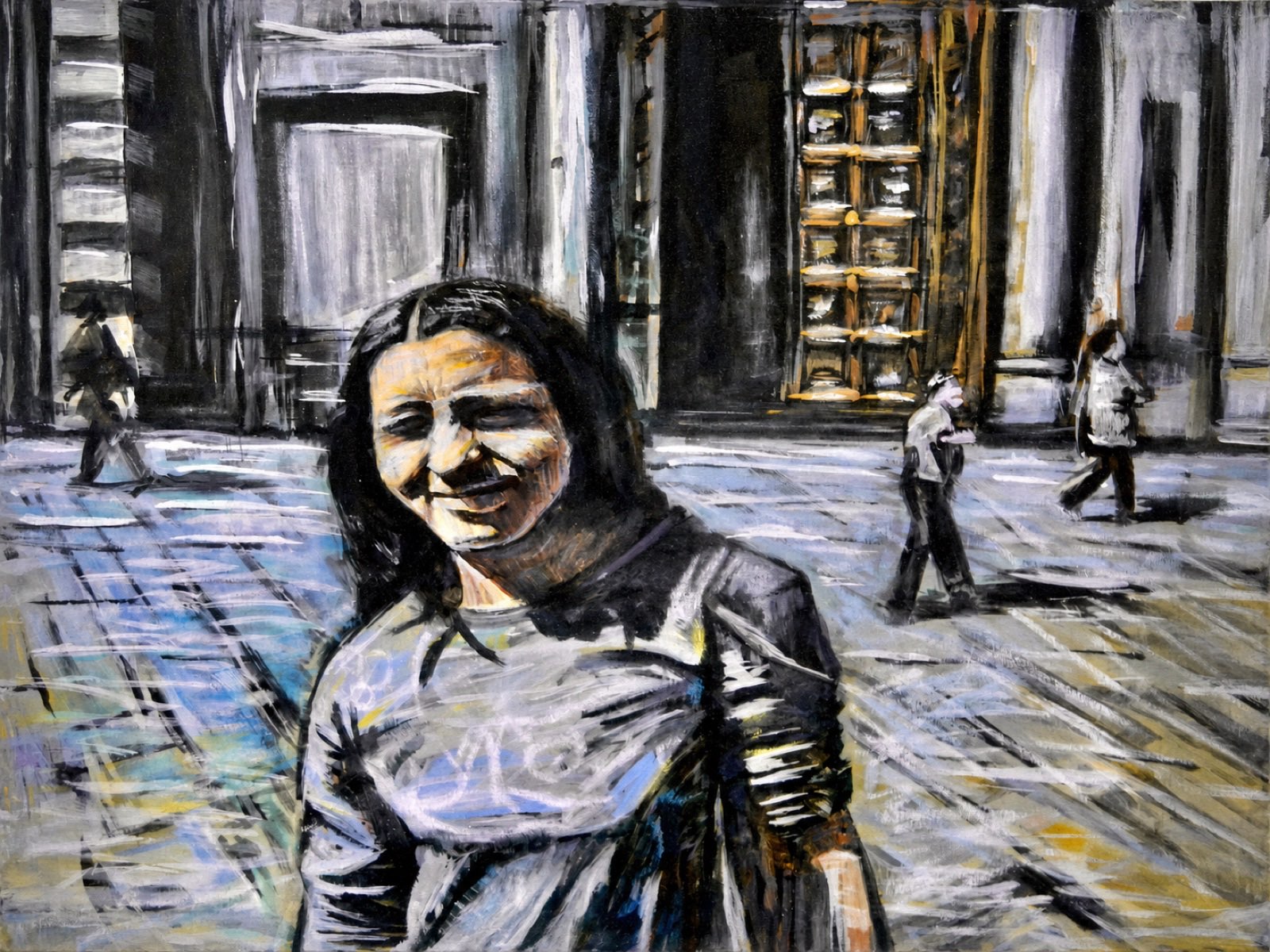 Woman in the Piazza — smiling woman crossing a stone square, acrylic