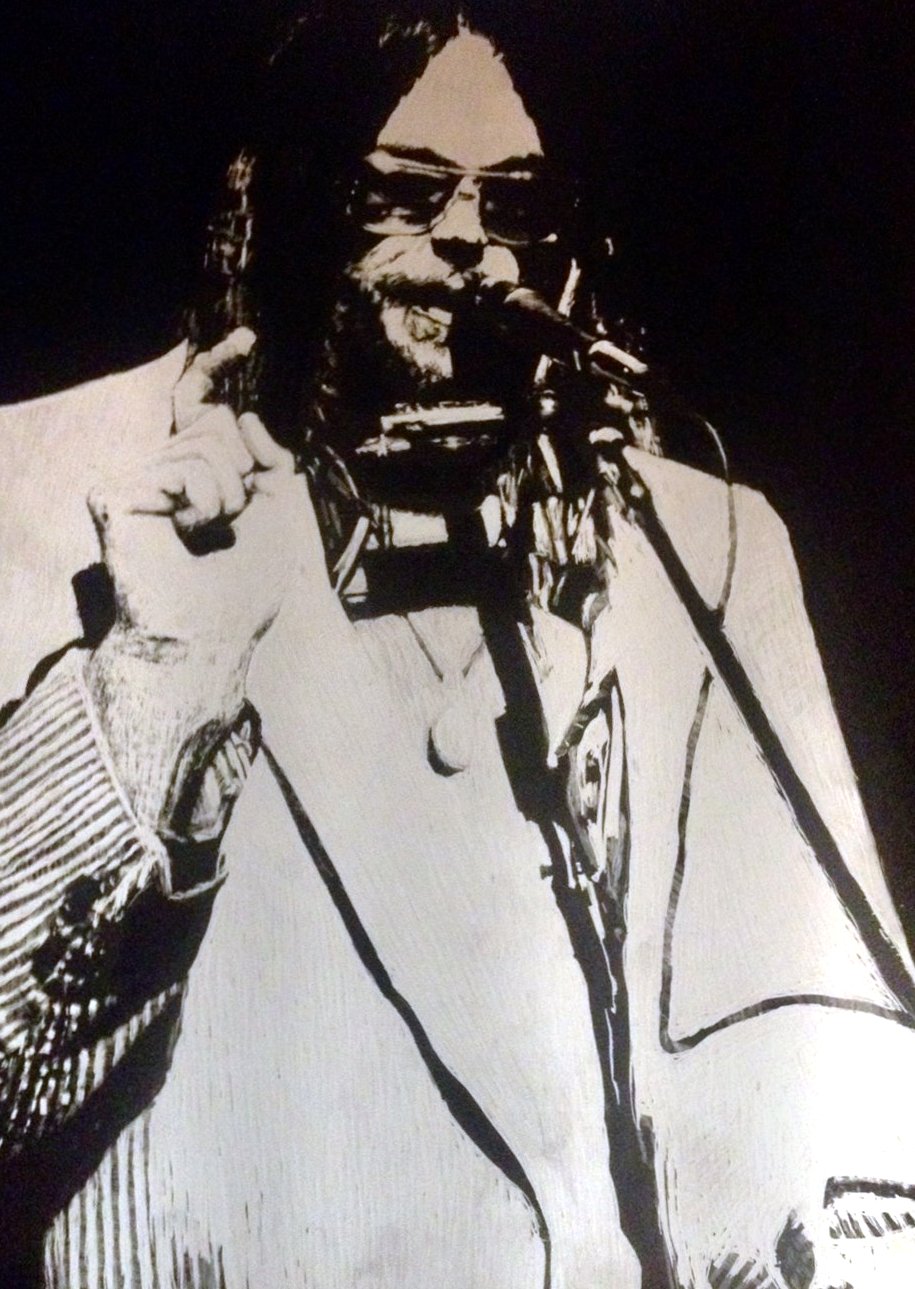 Neil Young — scratchboard portrait, white line on black