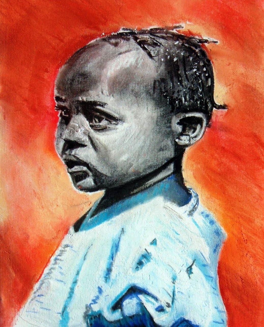 Child — charcoal and pastel portrait on orange ground