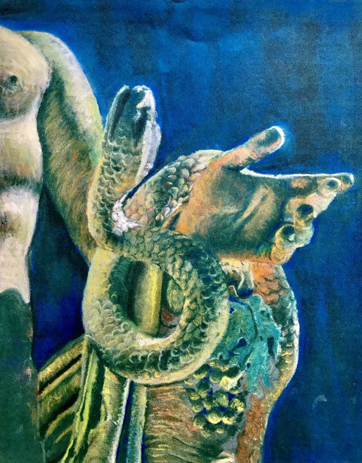 Serpent and Hands — pastel, serpent coiled through outstretched hands
