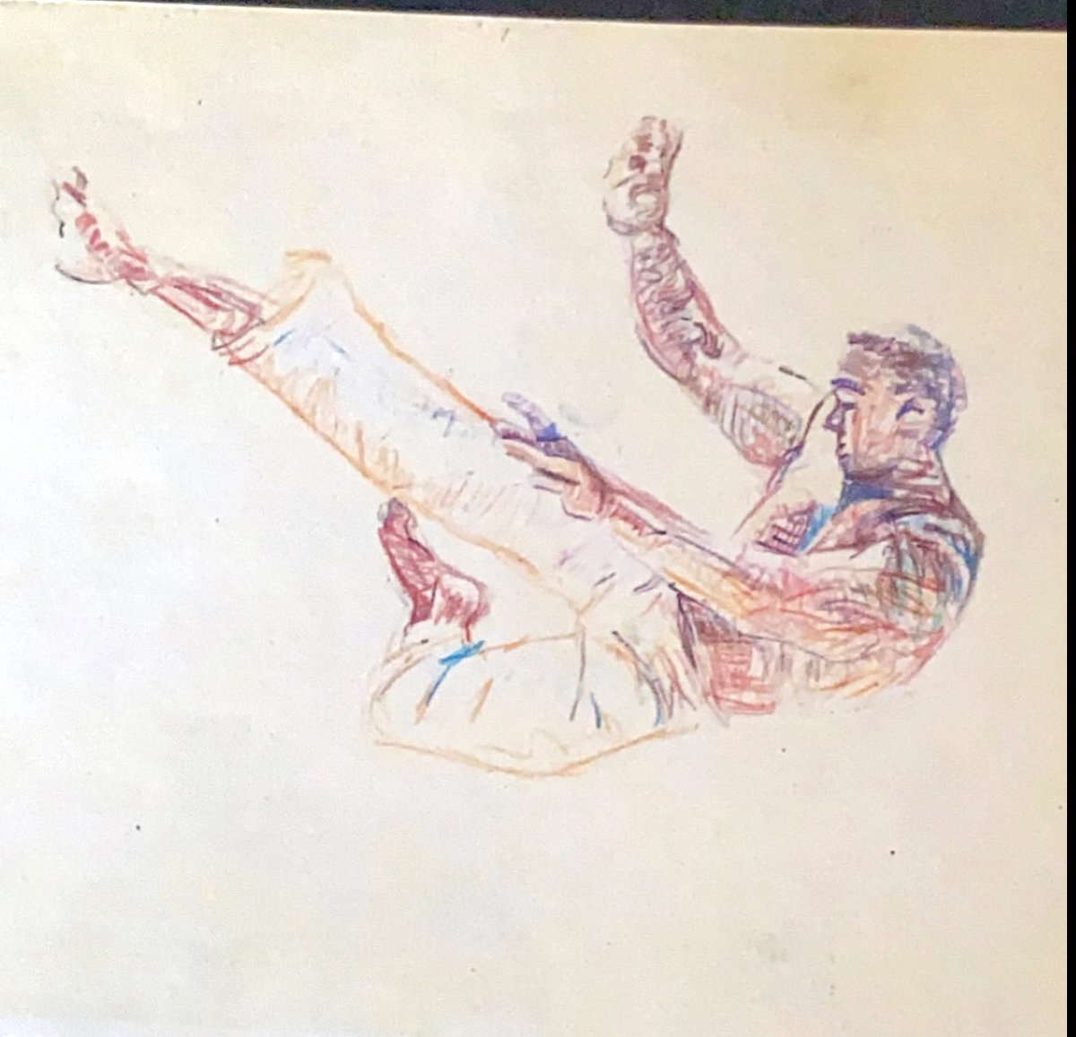 Capoeira study — figure falling, colored pencil