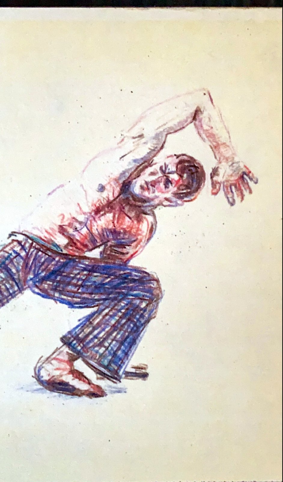 Capoeira study — figure crouched mid-turn, colored pencil