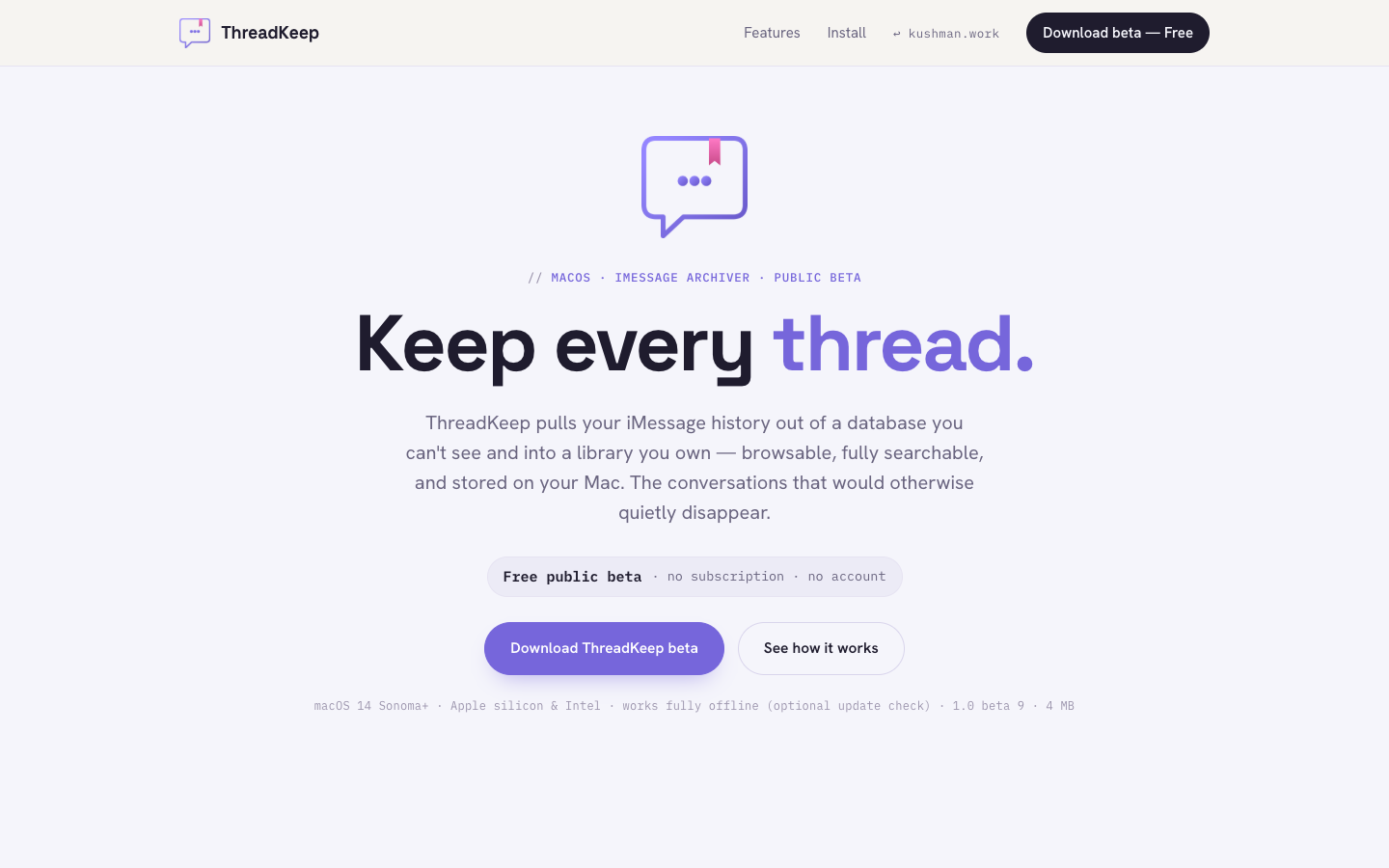 ThreadKeep — macOS iMessage archiver, landing page